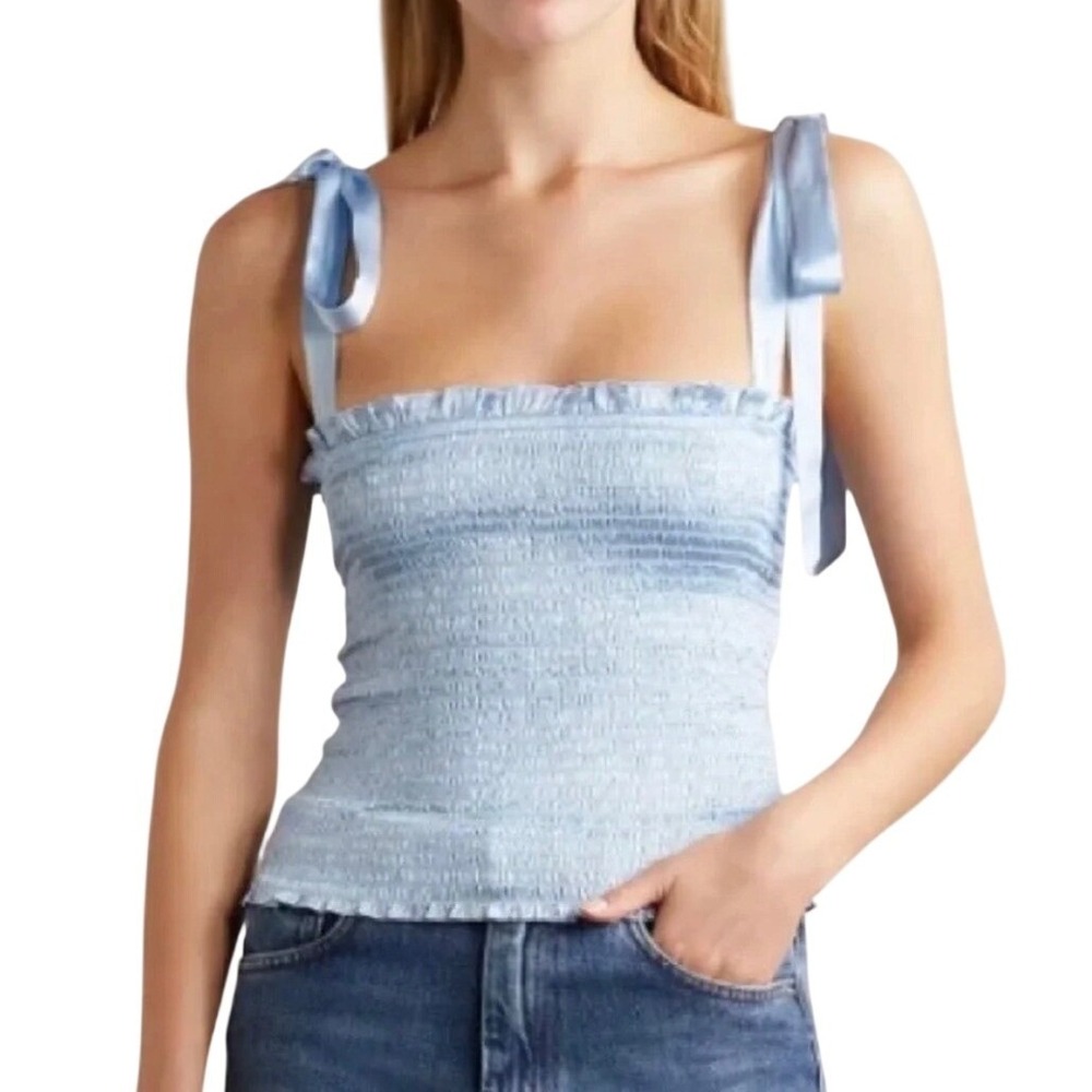 Reformation 100% Silk Cami Top LRG LT Blue Smocked Stretch Tie Strap Dainty Luxe